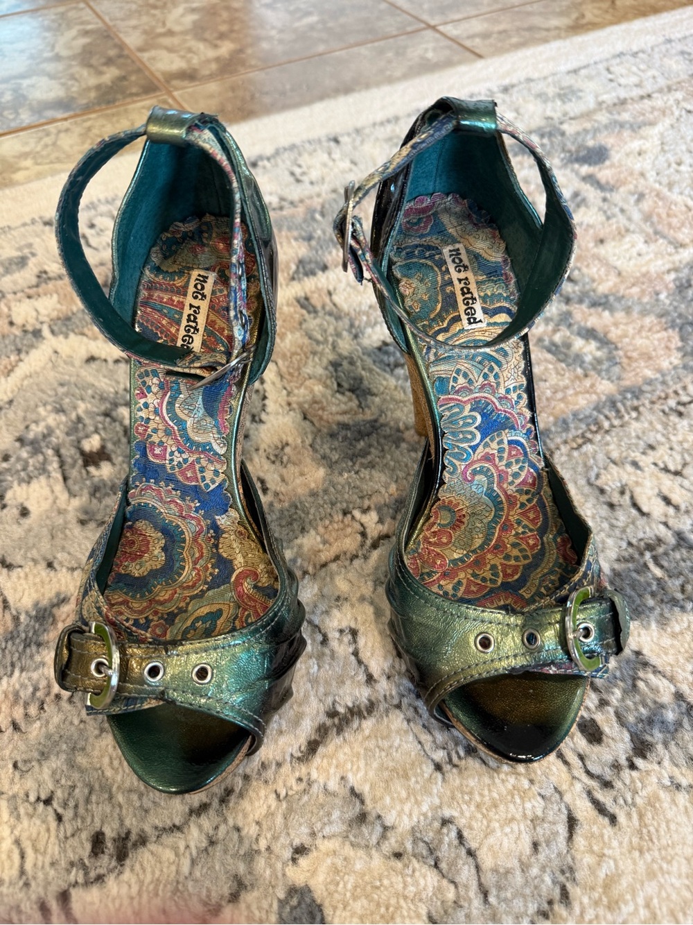 Not Rated Green Paisley Cork Platform Heels with Buckle - Picture 3 of 5